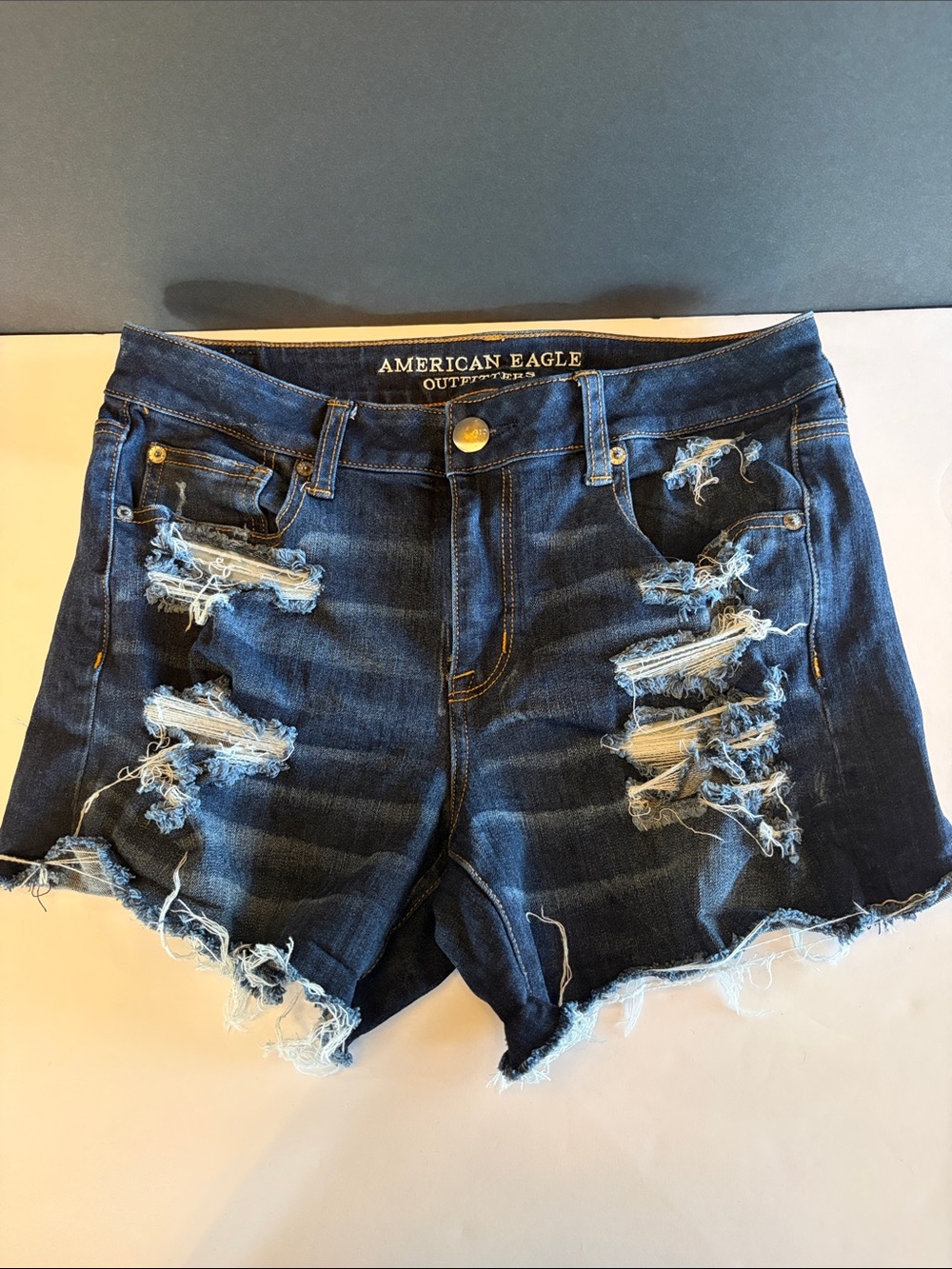 American Eagle Outfitters Dark Indigo Distressed High Waist Denim Shorts